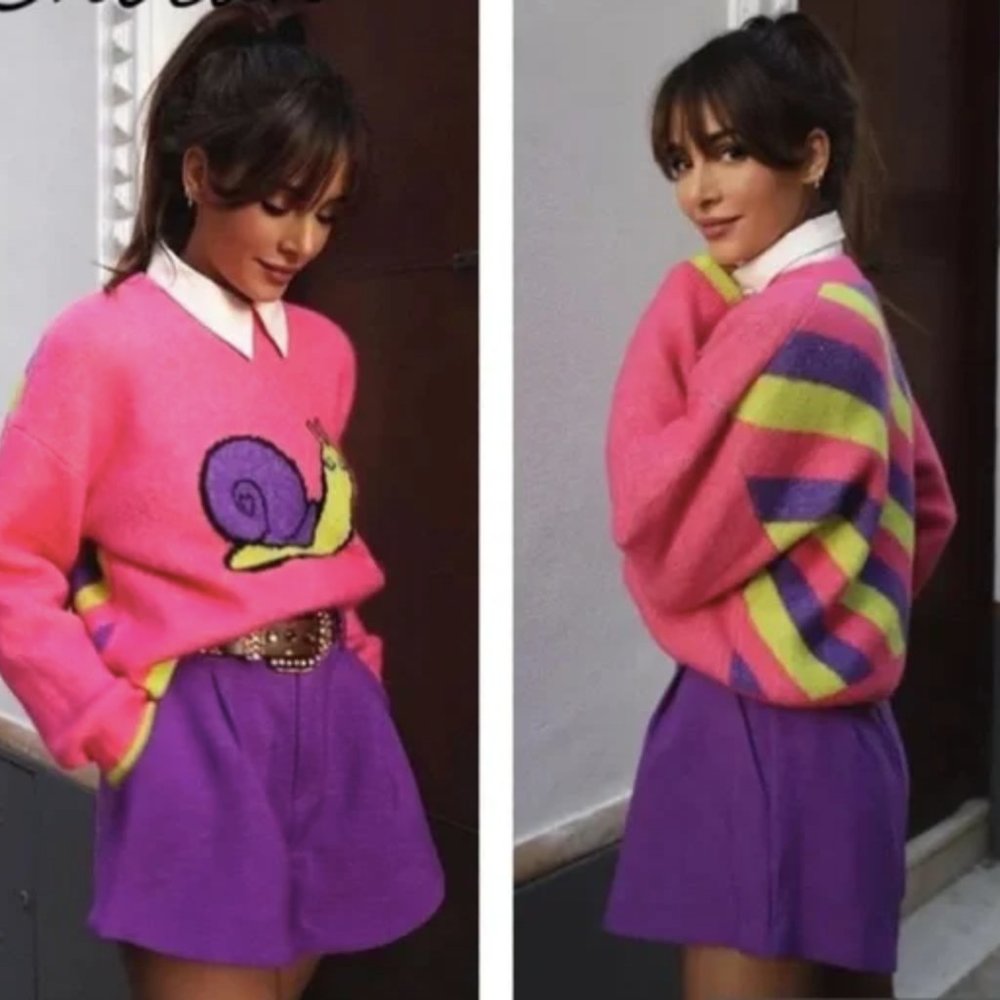 ZARA Pink Snail Jacquard Sweater BLOGGER FAVE M